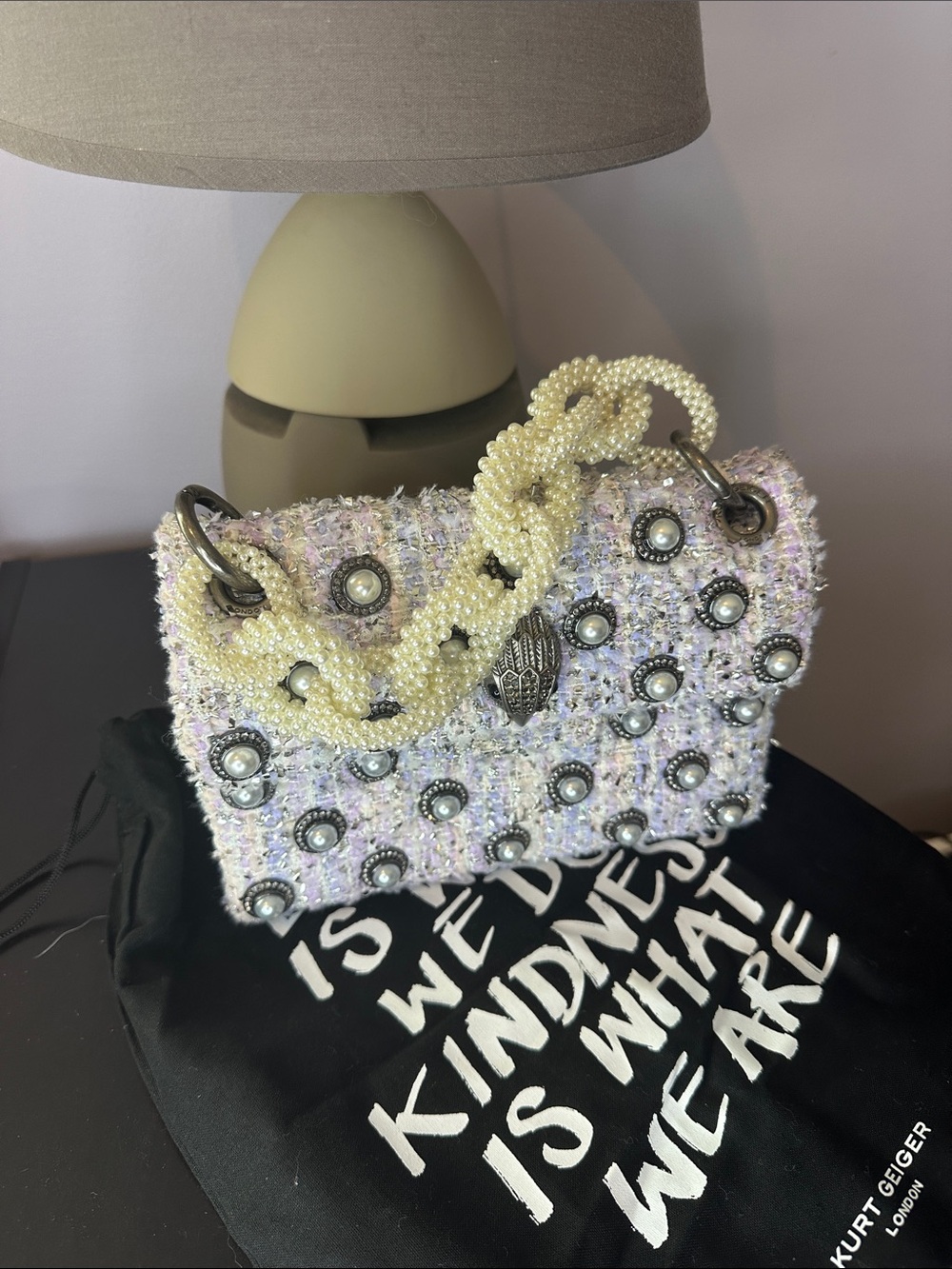 Kurt Geiger Pastel Lavender With Pearls & CeyTweed Shoulder Bag with Pearl Strap
